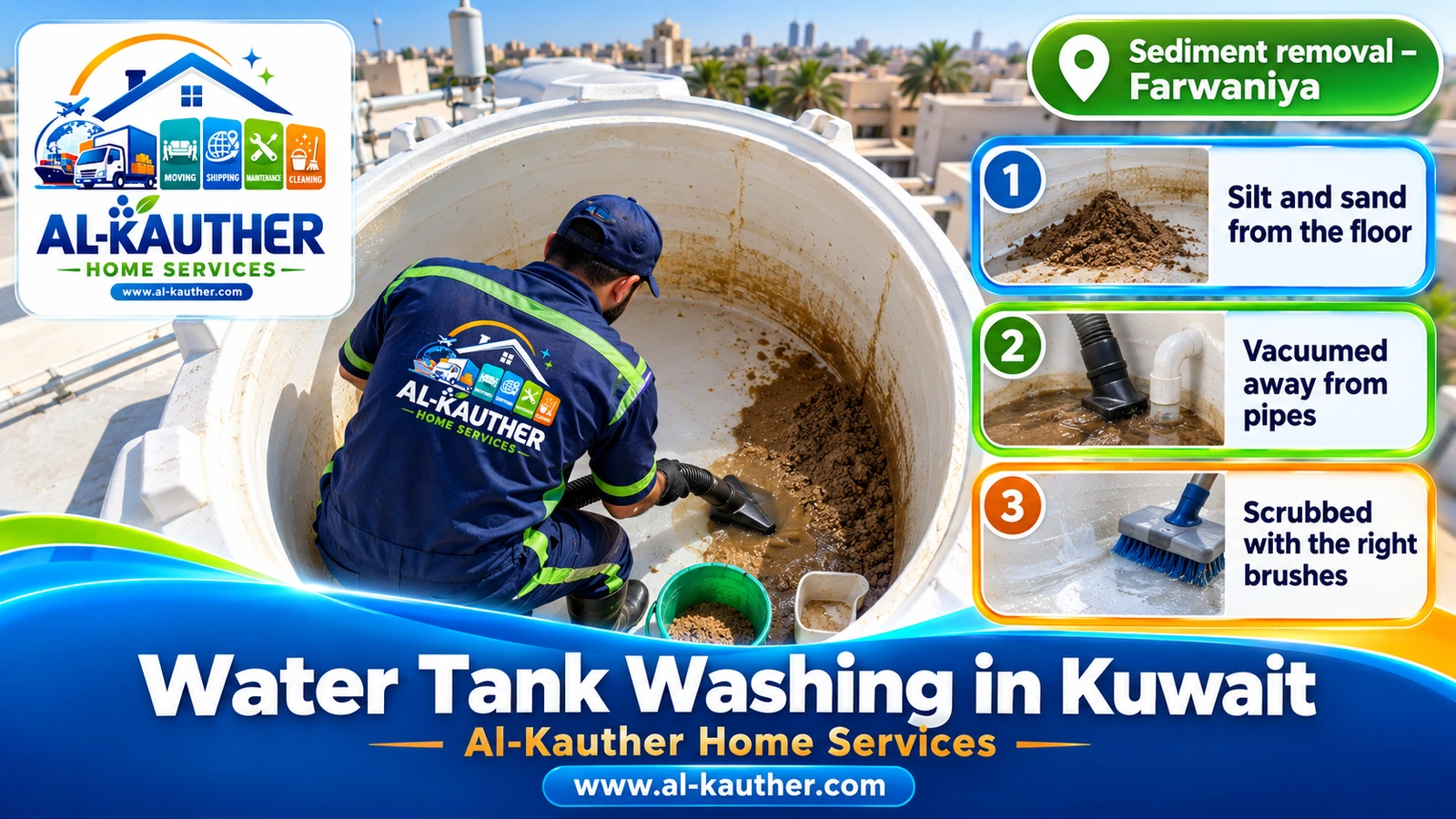 Removing sediment and silt from a tank floor during washing in Kuwait