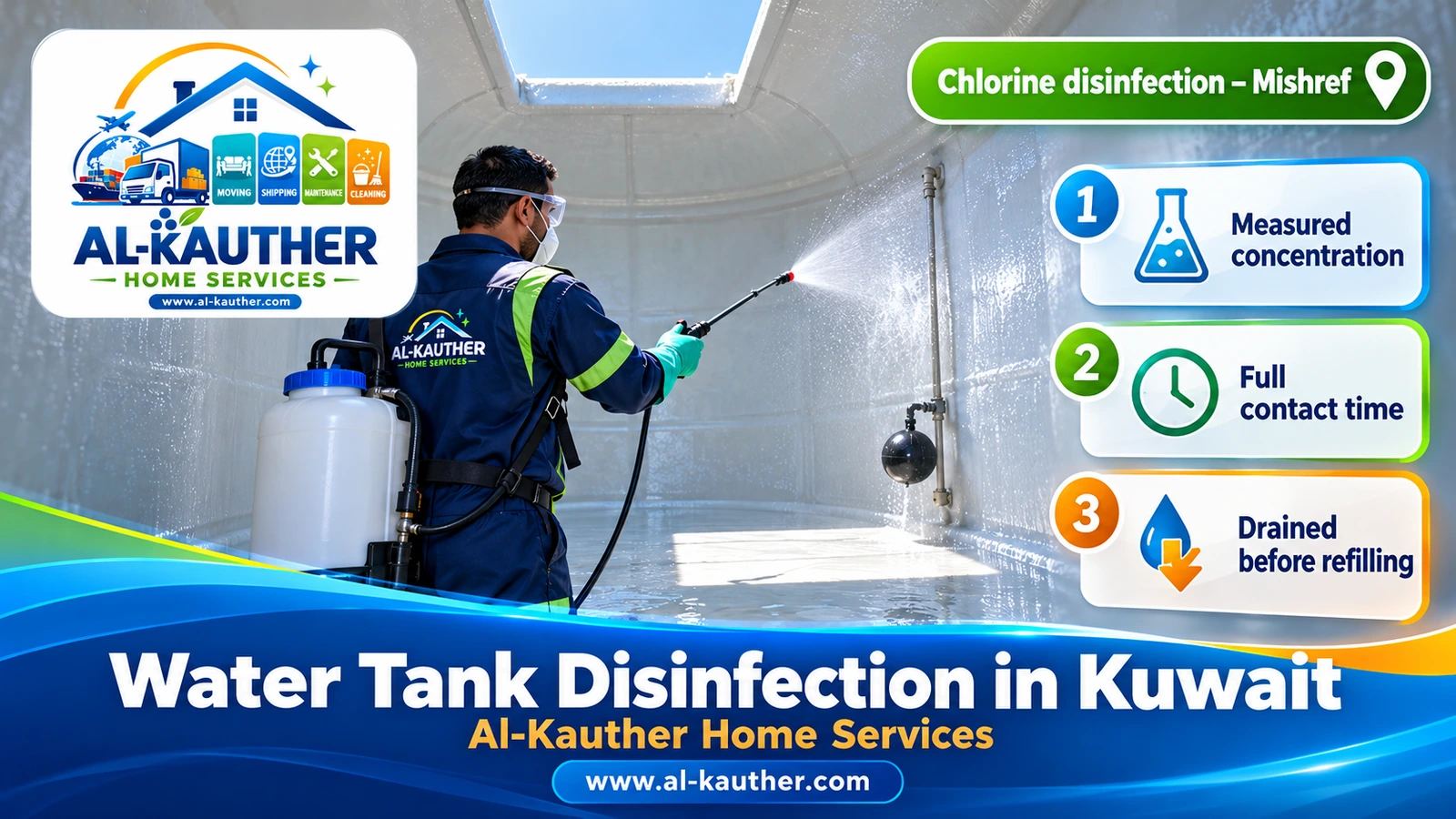 Disinfecting water tank walls with chlorine solution after washing in Kuwait