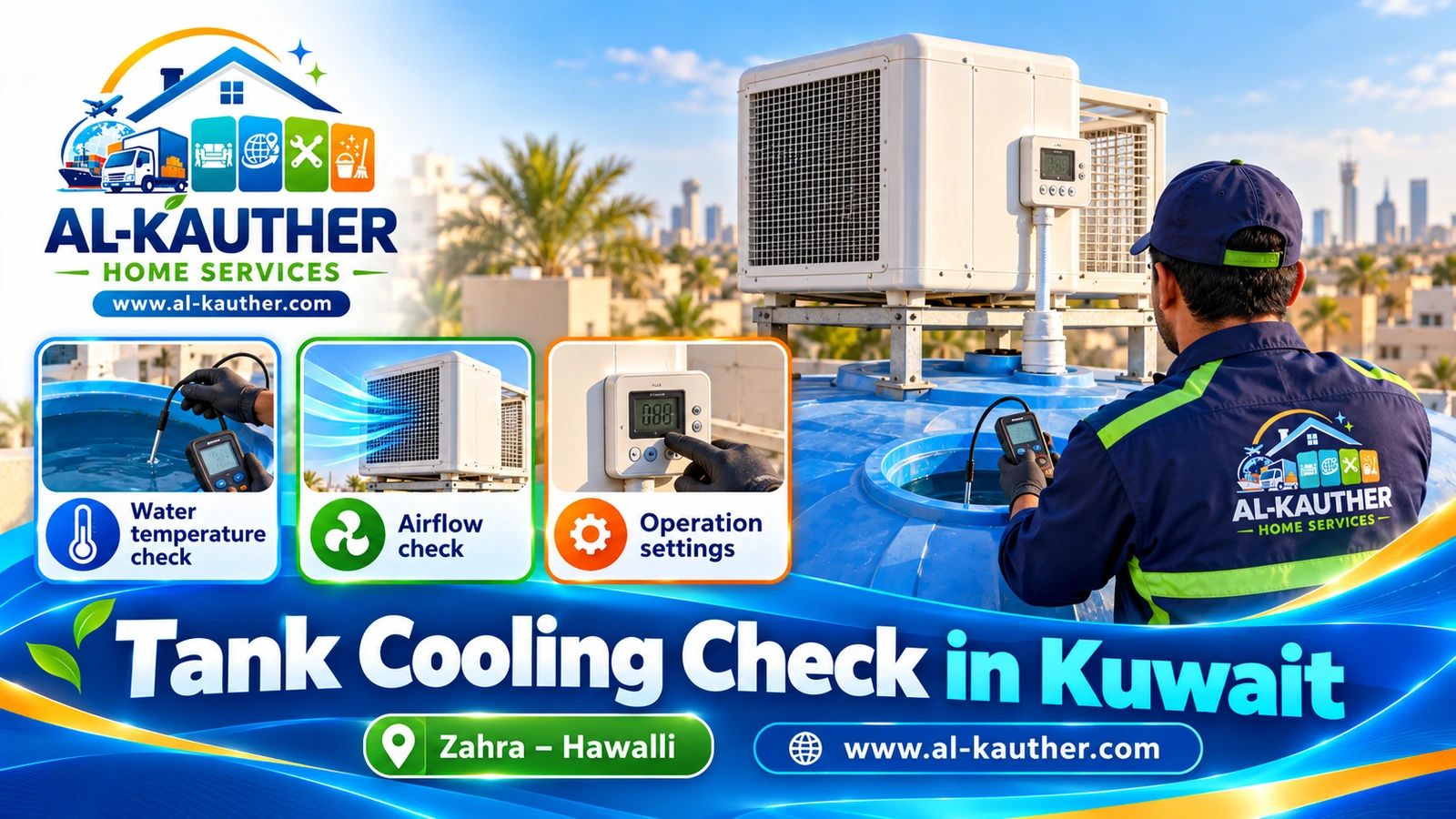 Checking rooftop tank water temperature before fitting a cooler in Kuwait