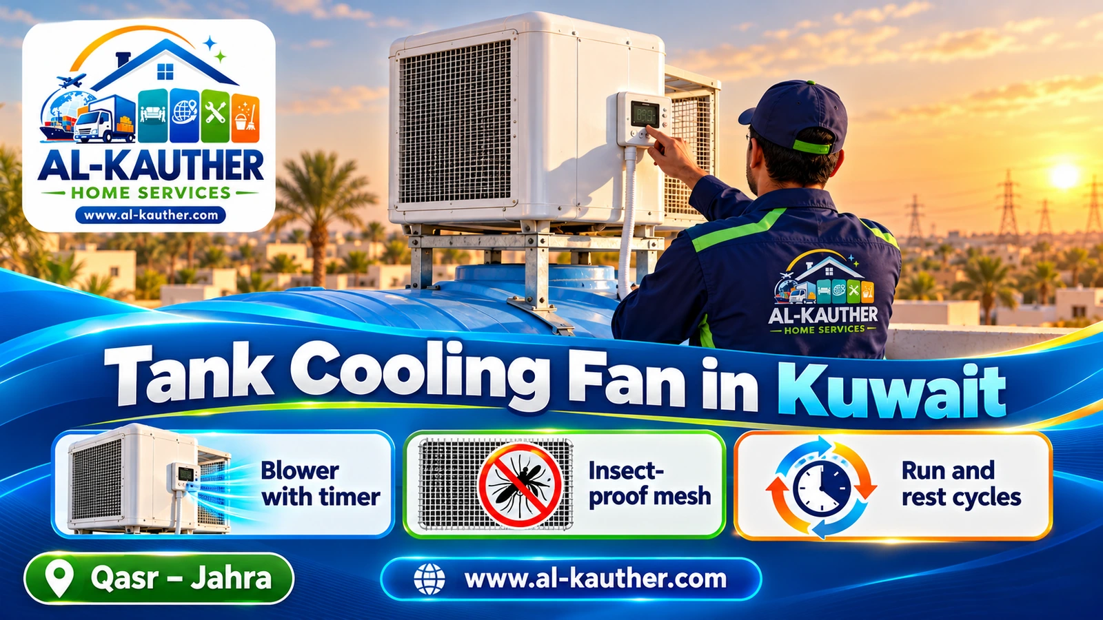 Tank cooling blower with timer on a rooftop tank in Kuwait