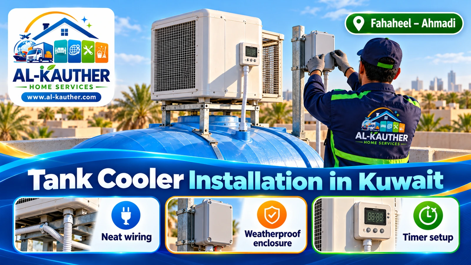 Safe outdoor wiring for a tank cooler on a Kuwait roof