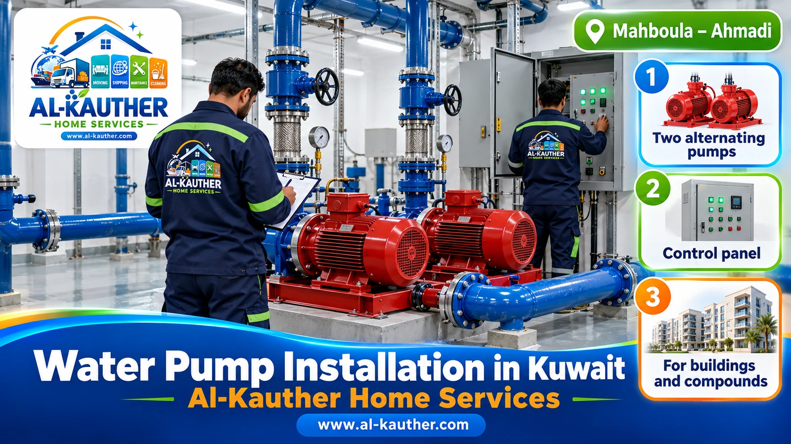 Installing three-phase water pumps for a building in Kuwait