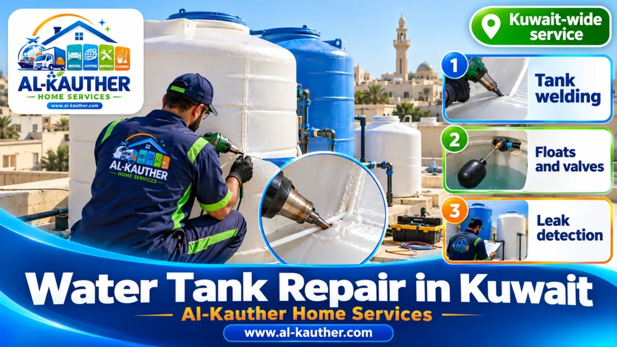 Water tank repair in Kuwait: checking a rooftop tank on a family house