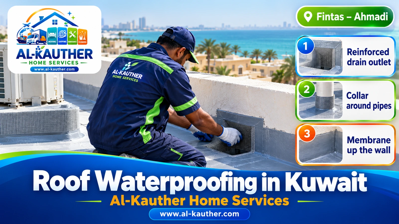 Treating roof drains and corners before insulation in Kuwait
