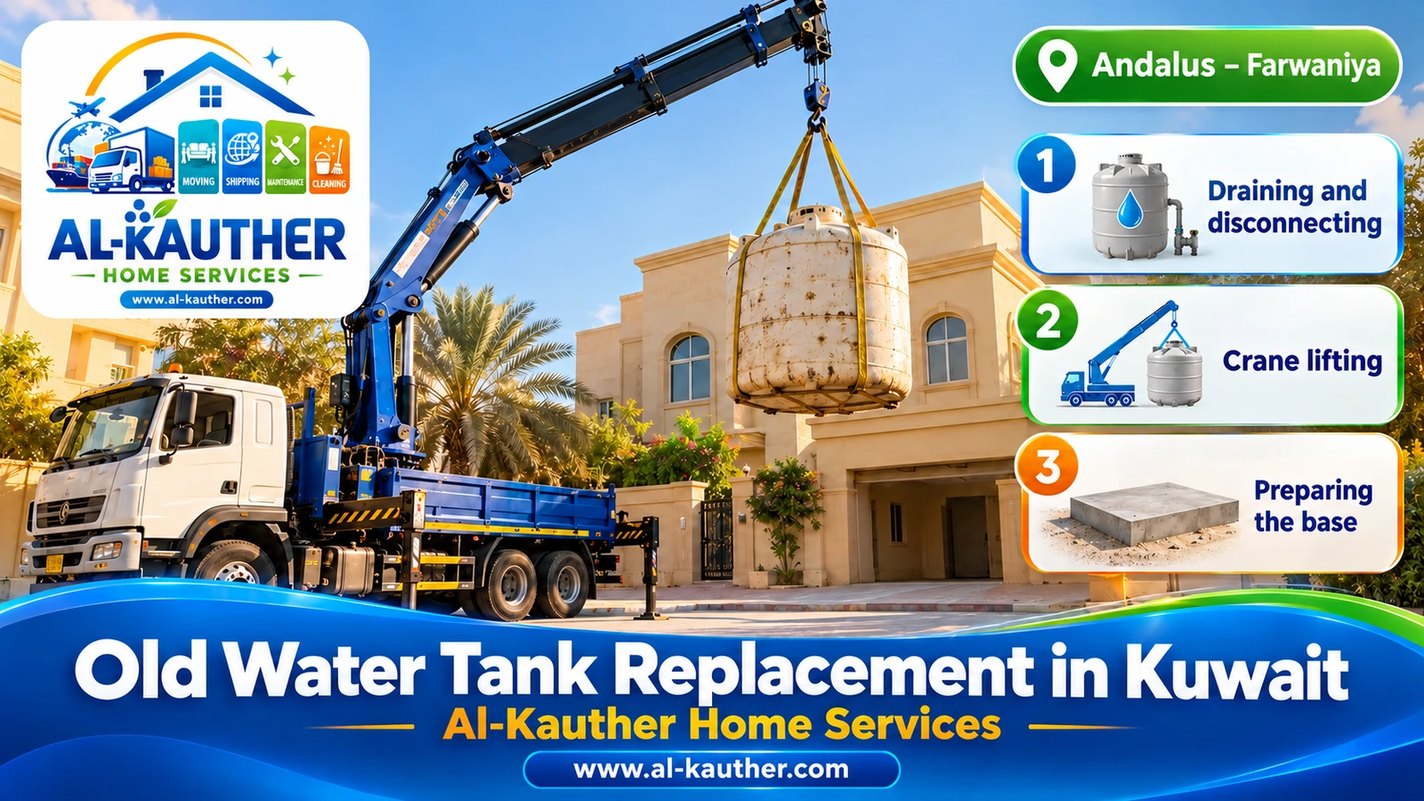 Replacing an old water tank with a new one in Kuwait