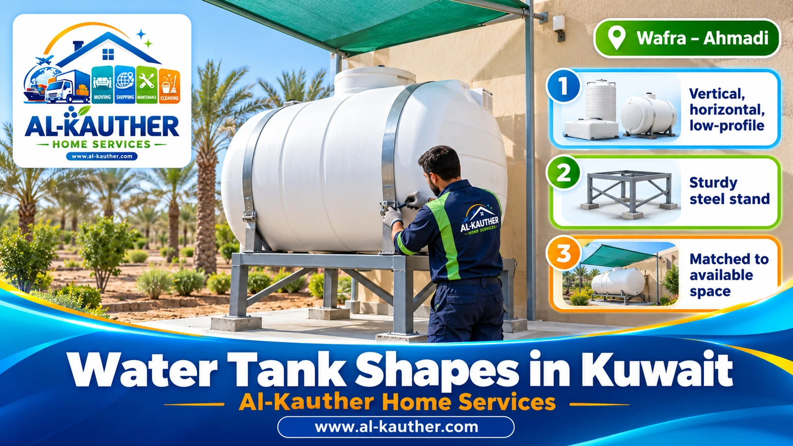 Horizontal water tank on a steel stand beside a house in Kuwait