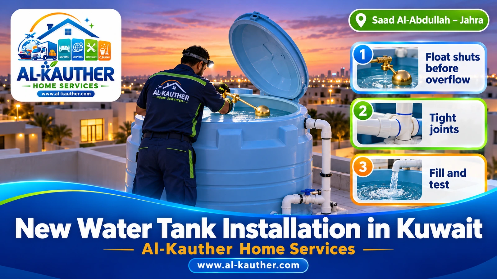 Fitting the float valve and pipes on a new tank in Kuwait