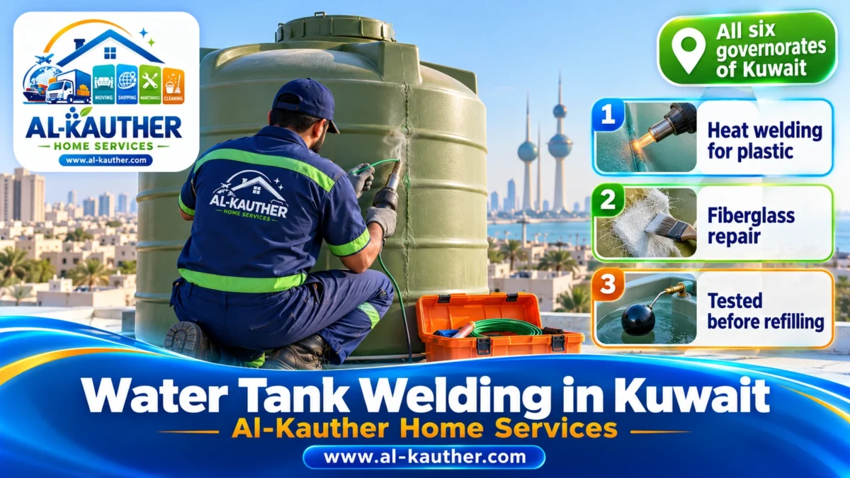 Water tank welding in Kuwait with a hot-air welding gun on a plastic tank