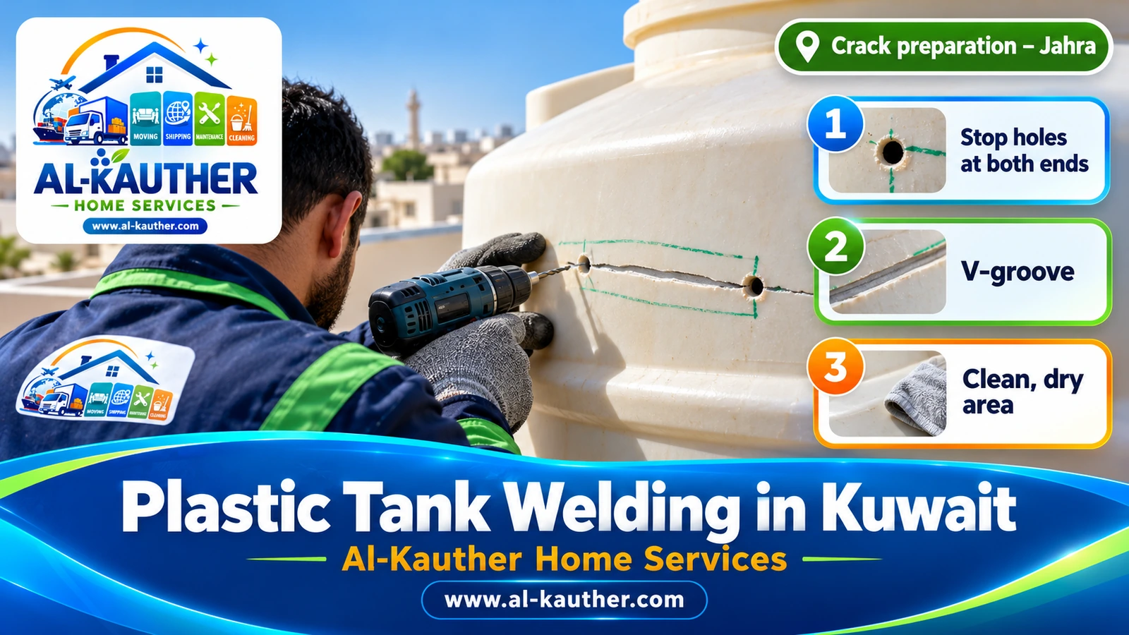 Preparing a plastic tank crack in Kuwait with a stop-drill hole and V-groove before welding