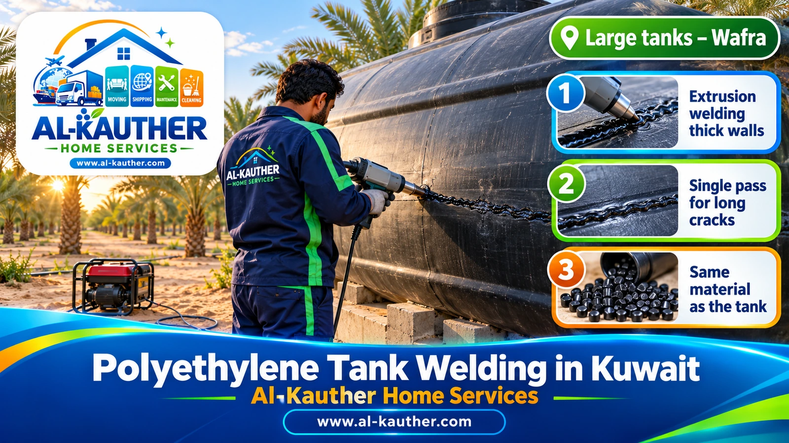 Extrusion welding on a thick polyethylene tank wall in Kuwait