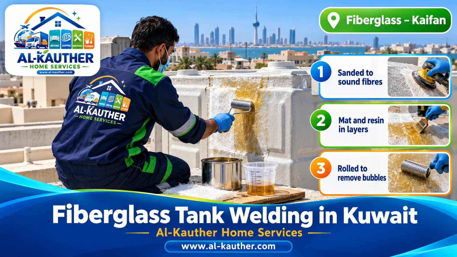 Fiberglass tank welding in Kuwait with glass mat and resin layers