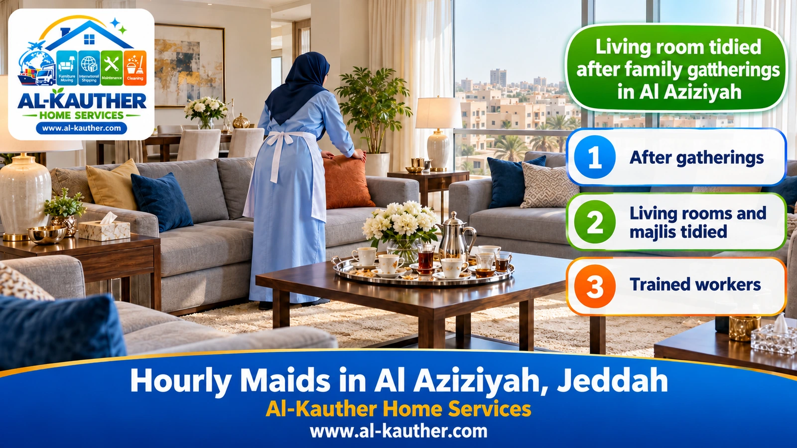 Living room tidied after family gatherings in Al Aziziyah