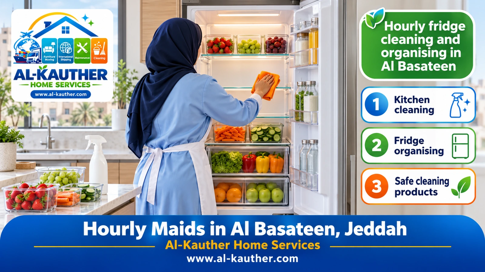 Hourly fridge cleaning and organising in Al Basateen