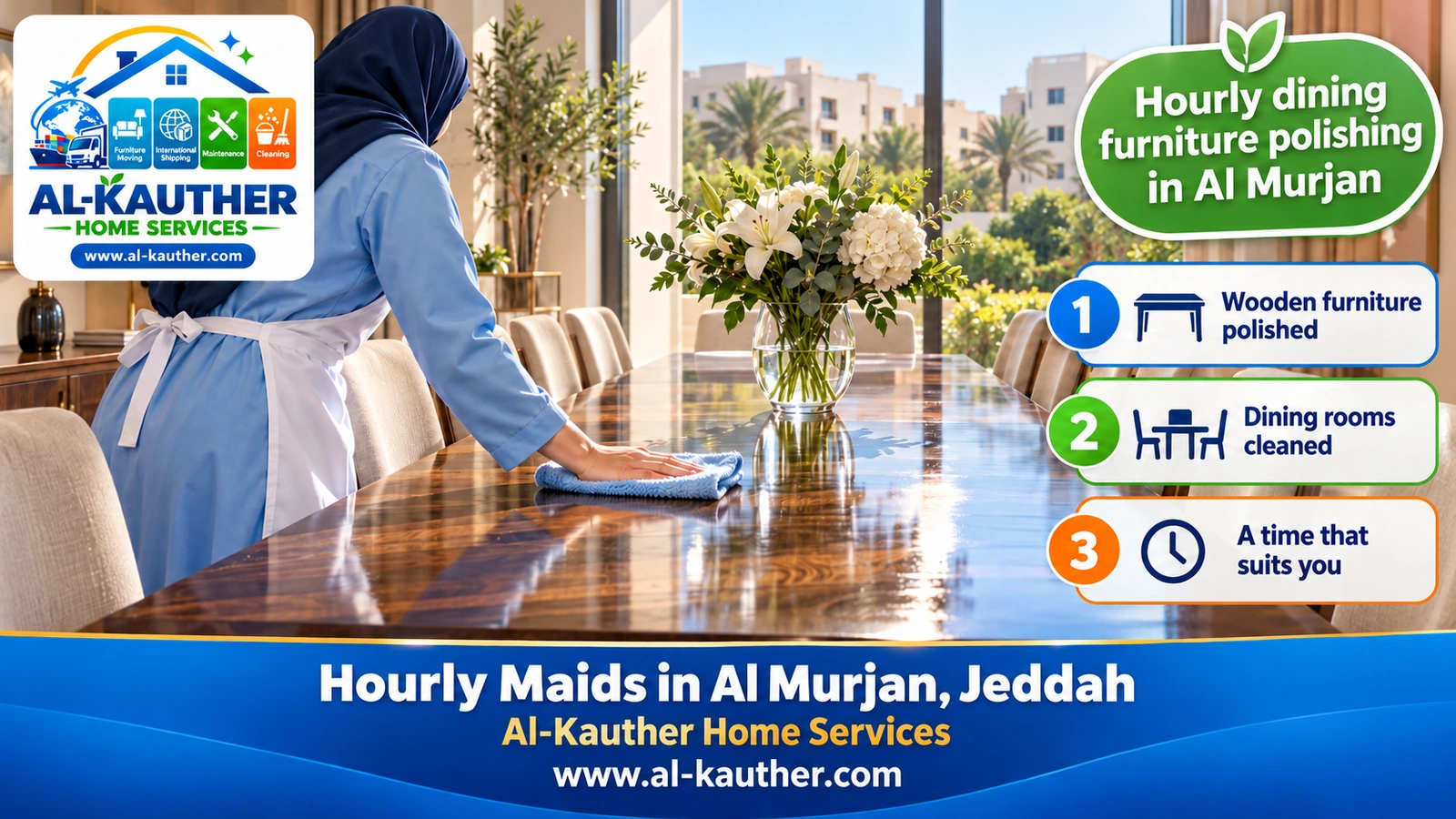 Hourly dining furniture polishing in Al Murjan