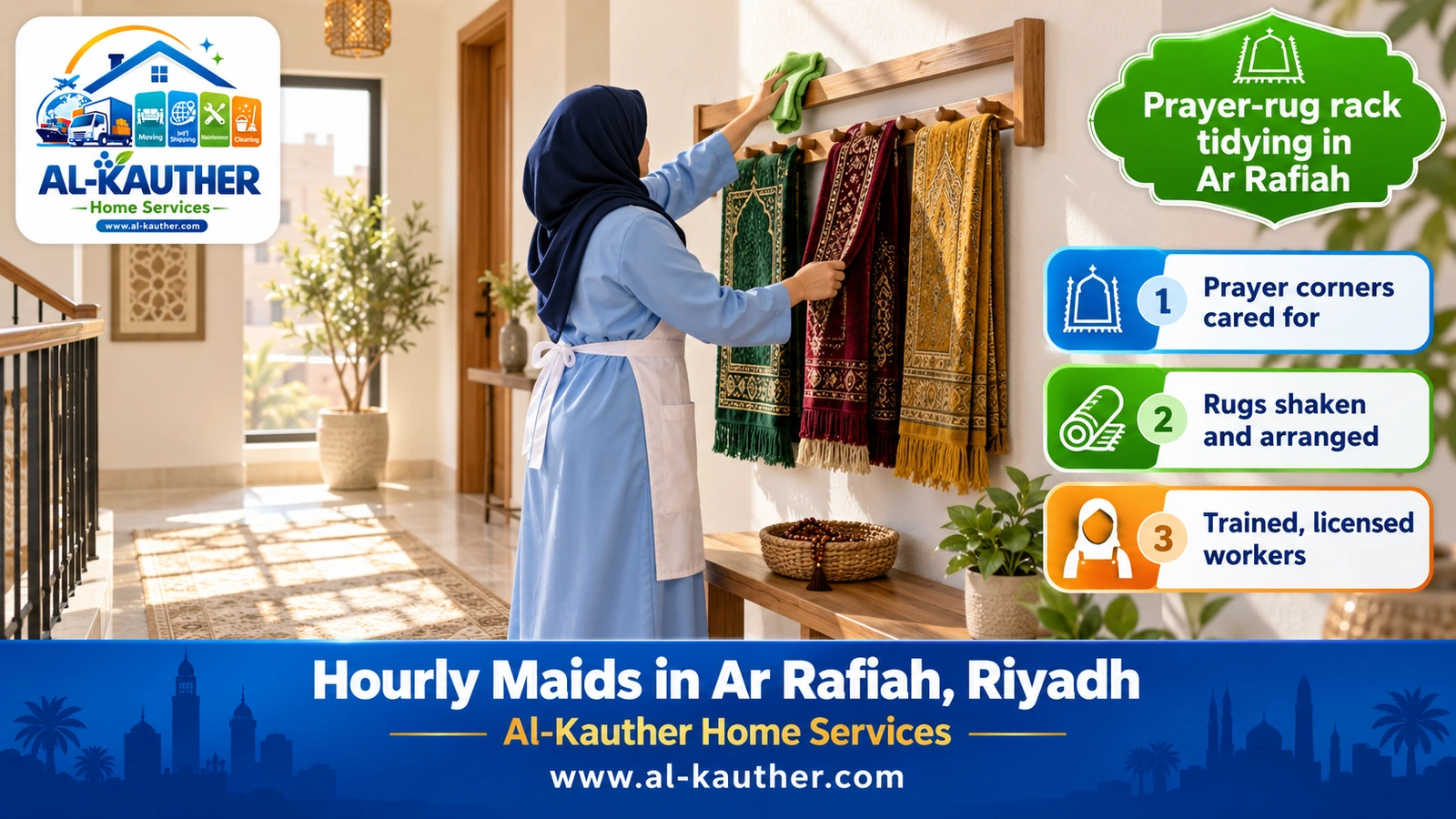 Prayer-rug rack tidying in Ar Rafiah