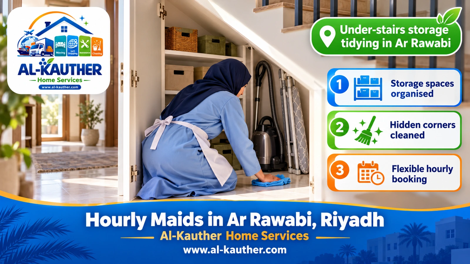 Under-stairs storage tidying in Ar Rawabi