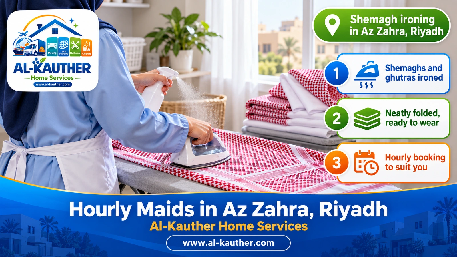 Shemagh ironing in Az Zahra, Riyadh