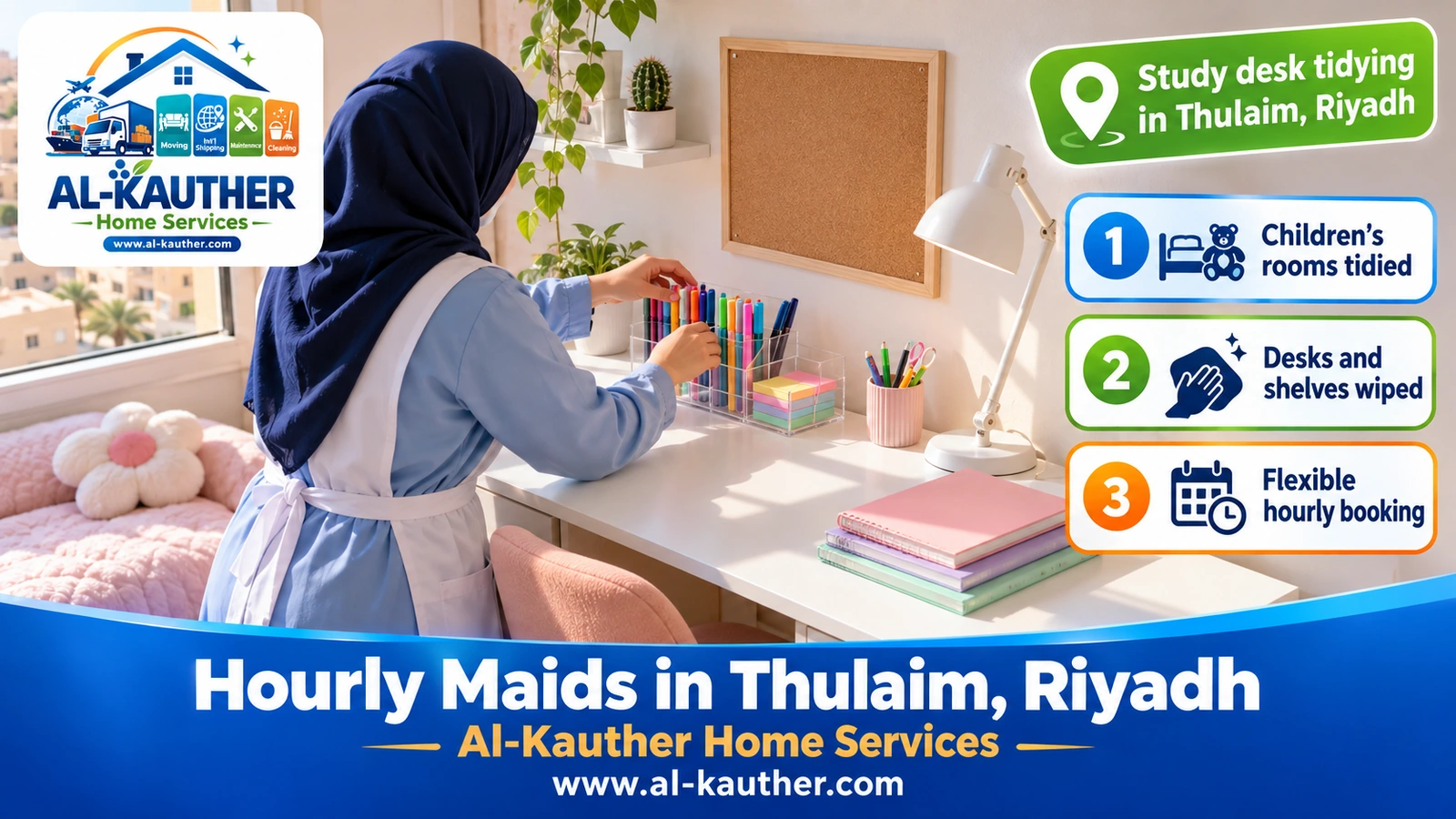 Study desk tidying in Thulaim, Riyadh